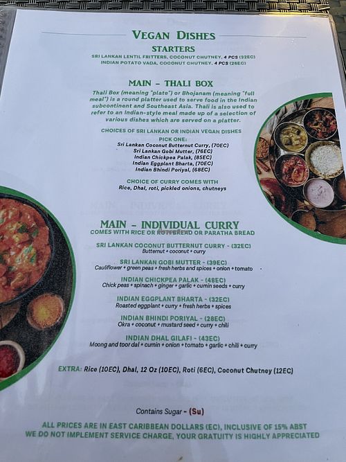 Vegan menu at Bodog Curry House in Jolly Harbour
