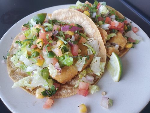 Starter of 2 baja tacos at Veggie Grill by Next Level in Santa Monica