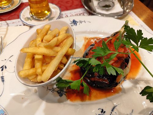 The Imam fades away (made vegan by leaving apart the yoghurt and replacing the butter rice by french fries) at  Anatolia in Murten