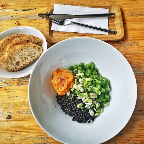 Beluga lentil salad with sweet potato purree at Food Yard in Aachen