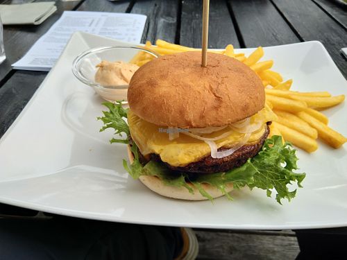 Plant burger, with onion, vegan cheddar, lettuce and rhubarb chutney. The mayo is a vegan chili may based on peas. at Ragnerudssjöns in Hoegsaeter