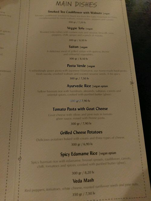 Main food dishes on the menu (Jan 2018) at Veda House - Sofia in Sofia