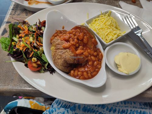 Jacket potato with vegan cheese, beans and salad at Mooch in Skegness