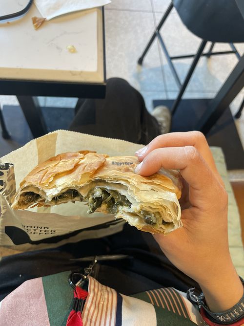 As a Greek person this is the most authentic spanakopita ive had in America. So good and flaky and no cheese. For the full experience get the “Greek frappe” as well! It has no  at Under Pressure Espresso Bar in Astoria