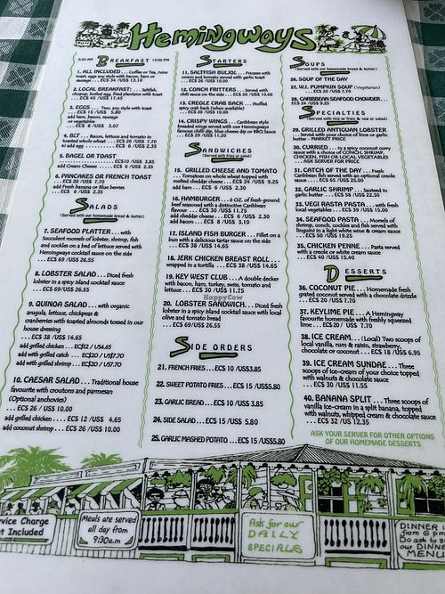 Here’s the menu - so so much can be made vegan on request  at Hemingways in St Johns