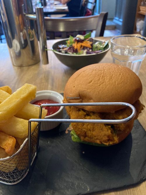 Vegan black bean and sweet potato burger (comes with chips and ketchup) and additional side salad (sorry, the photo is atrocious!)  at Cardo in Perth