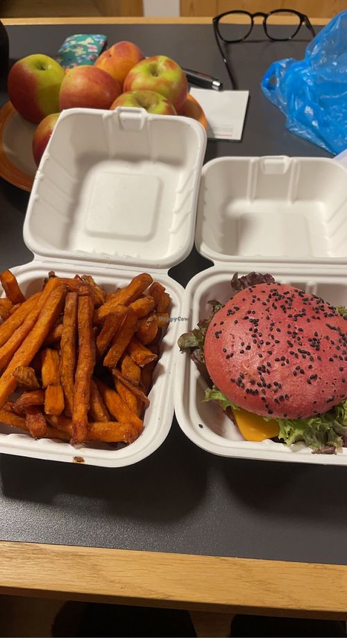 Beyond Meat Burger with vegan cheese and vegan sauce with sweet potato fries. at No Name in Disentis Muster