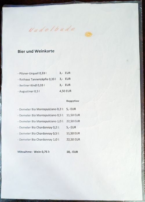Menu page at Nudelbude at Nudelbude in Berlin