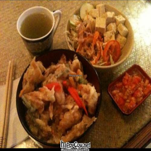 tofu salad, green tea and tempura veg over rice with sauce. at Lung Ta in Dharamshala