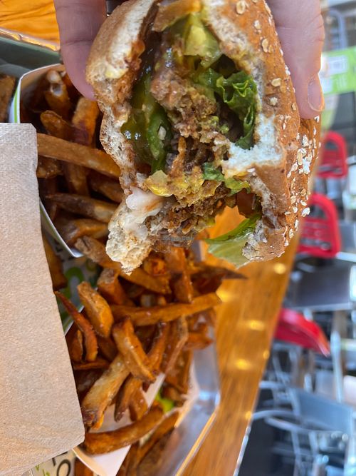 Vegan burger with friesd  at BurgerFi in Commack