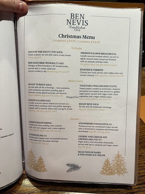 2022 Christmas menu with vegan options  at Ben Nevis in Fort William