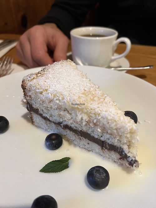 Vegan coconut cake with non dairy creamer for the coffee  at Mountain Brauhaus in Gardiner