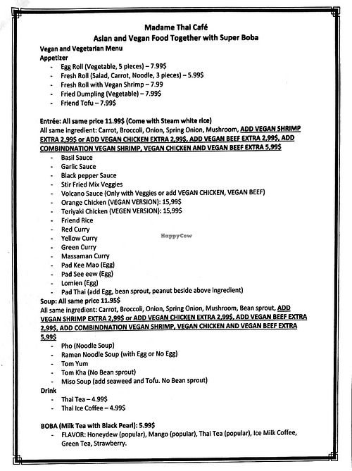 Vegan and Vegetarian Menu at Madame Thai Cafe in Garland