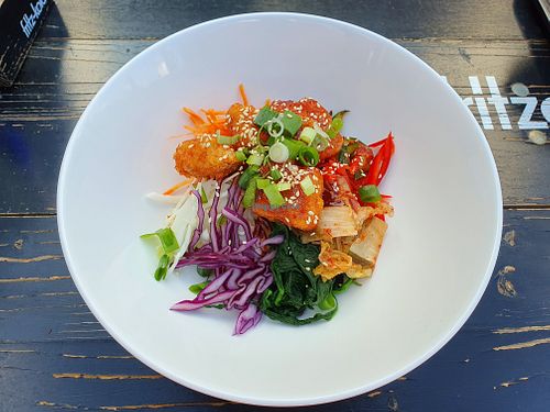 Bibimbap Tofu: a main dish with rice, tofu, kimchi, seaweed and other vegetables at Omma's Kitchen in Enschede