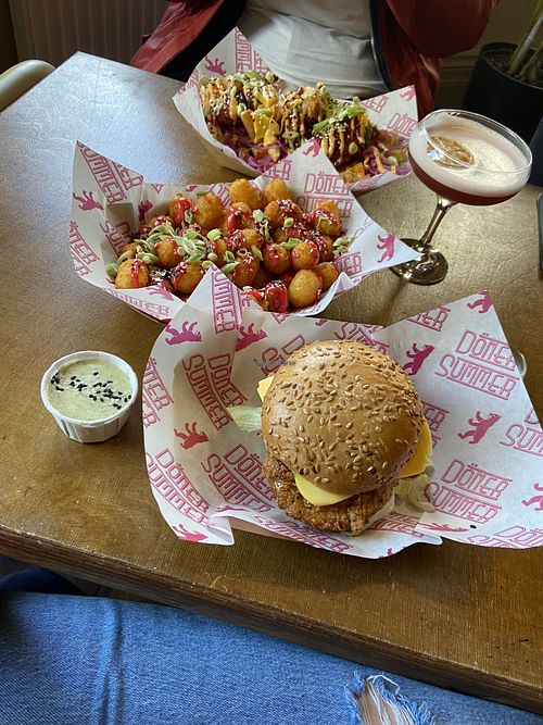 What’s garlic in French burger, tots and pickle mayo   at Döner Summer in Huddersfield