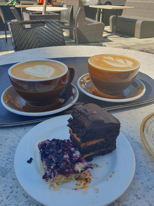 Blueberry and chocolate manderine cake with a plant based milk-coffee at Fika Cafe in Jakobstad
