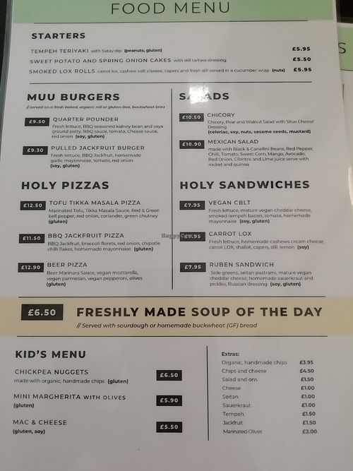 Menu at Holy Cow Lounge in Edinburgh