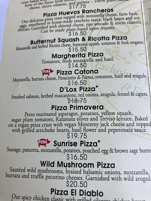 Pizza primavera appears to be plant-based   at Urth Caffé in Pasadena