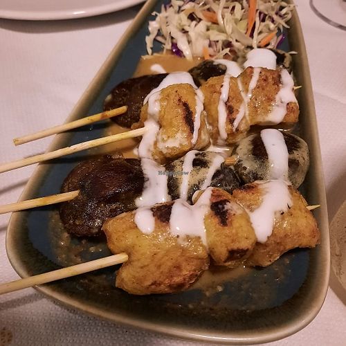 Mushroom and tofu skewers with satay sauce at Mali Vegan Thai in South West London