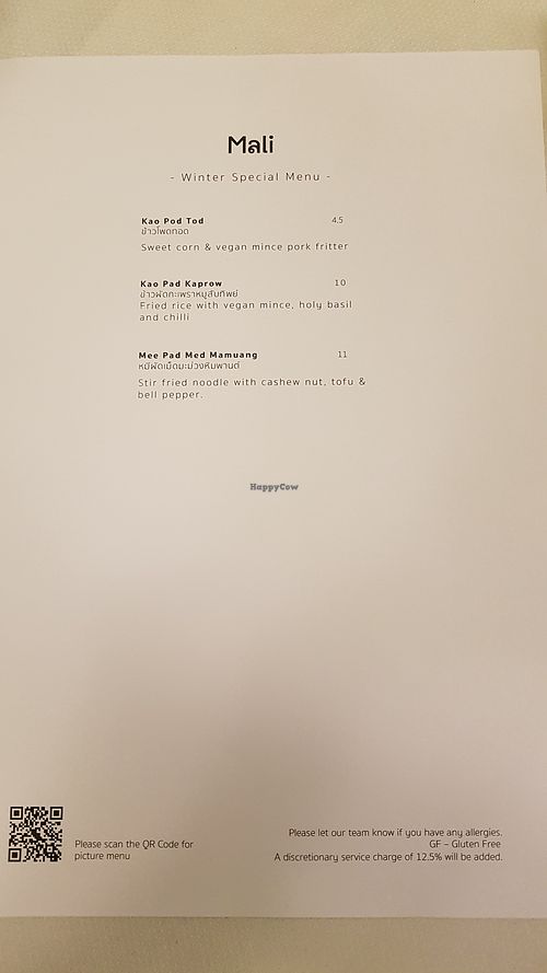 Menu at Mali Vegan Thai in South West London