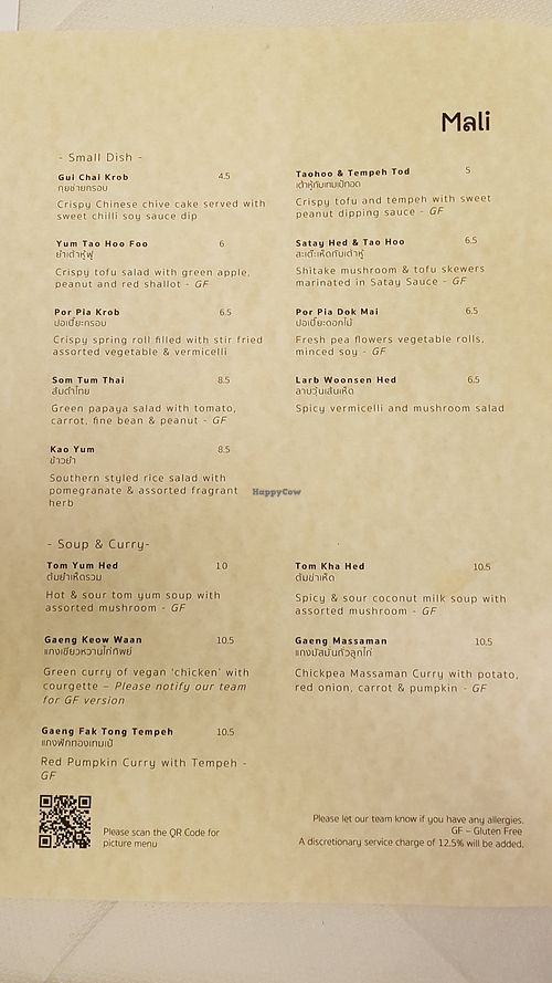 Menu at Mali Vegan Thai in South West London