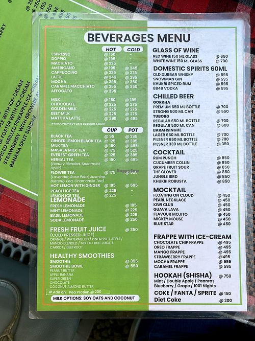 Beverage menu with vegan milk options  at Always Happy Food co. in Kathmandu