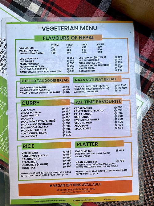 Vegetarian Nepali menu that can be veganized  at Always Happy Food co. in Kathmandu