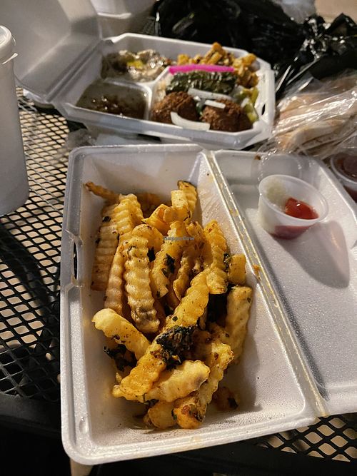 Spicy fries with vegan garlic sauce and ketchup   at Taste Of Lebanon in St Louis