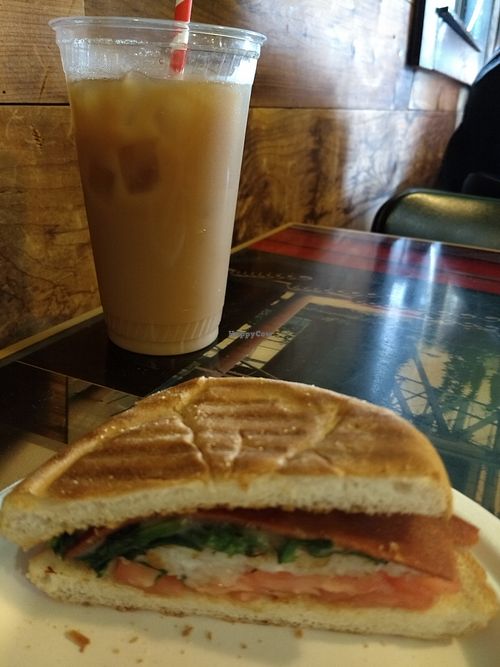 PRIMROSE Vegan Breakfast Sandwich:
On a Roll- Fakin bacon w/hash brown patty, pepper-jack cheese, tomato and spinach on a roll at Cushman Market and Cafe in Amherst