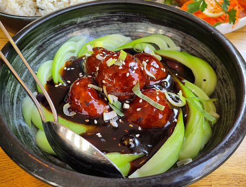 Vegan meatballs on Pak choi at The Butterfly Lovers in Berlin