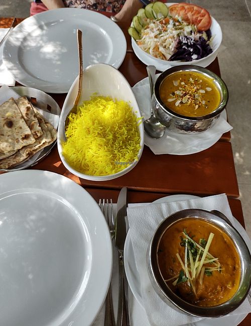Vegan Vegetable Kofta at bottom, regular Malai Kofta at top, vegan rice and vegan chapati, salad can be veganized, too. at Der Punjab in Landshut