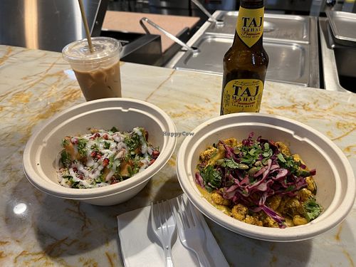Samosa and lentil curry bowls with chai and beer at Dash & Chutney in Atlanta
