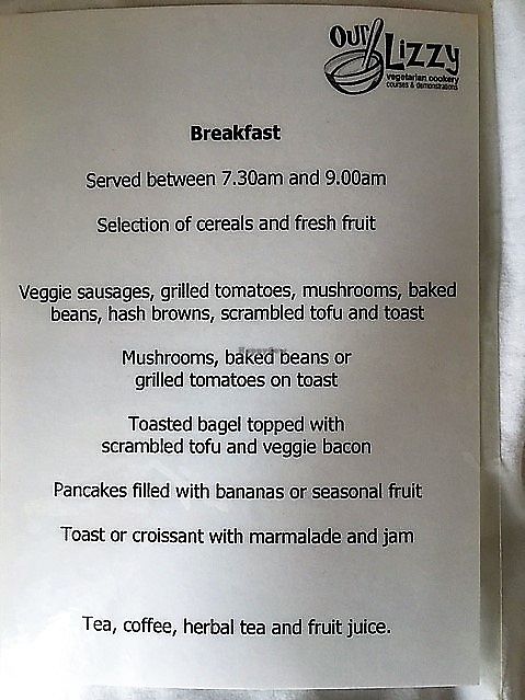 breakfast menu at Our Lizzy Cookery Courses in Malvern