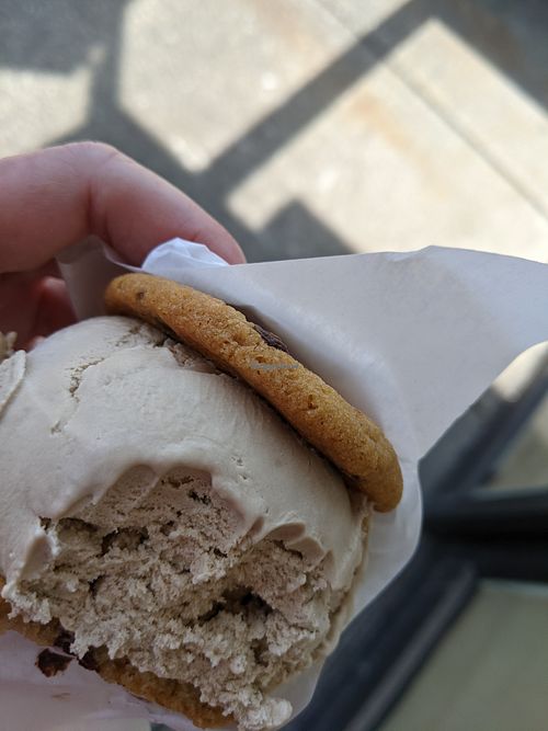 A vegan ice cream sandwich under consumption at Innocent Ice Cream Parlour in Vancouver