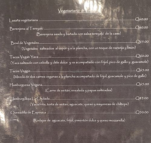 Menu con muchas opciones veganas at Raíces Atitlán in Santiago Atitlan