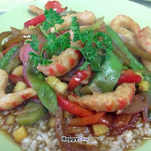Veggie Shrimp Pineapple served with brown rice. at Govinda's Garden in Miami