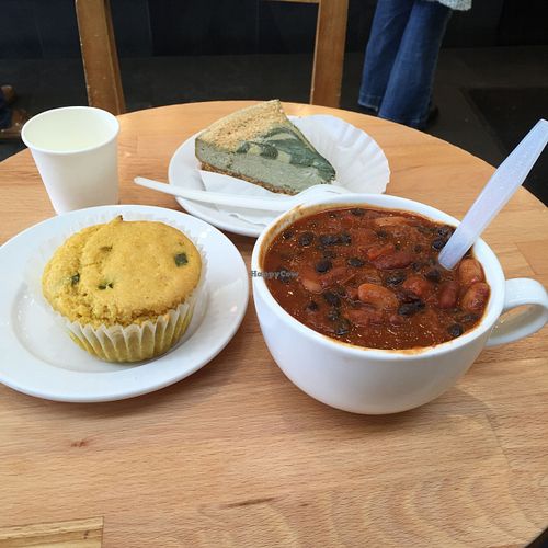 Tofu cheesecake, cornbread, and bean chili
 at Wildflour Vegan Bakery and Juice Bar in Pawtucket