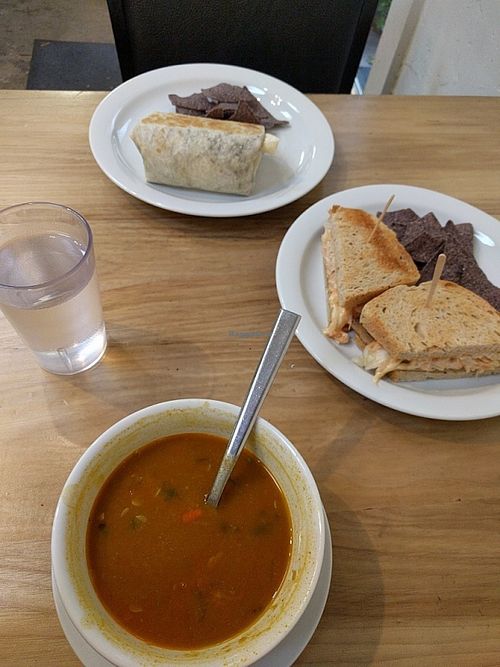 rueben, soup, and bean and rice burrito at Hip Vegan in Ojai