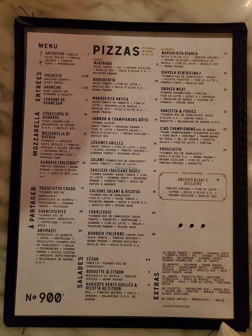 Menu at Pizzéria No 900  in Montreal