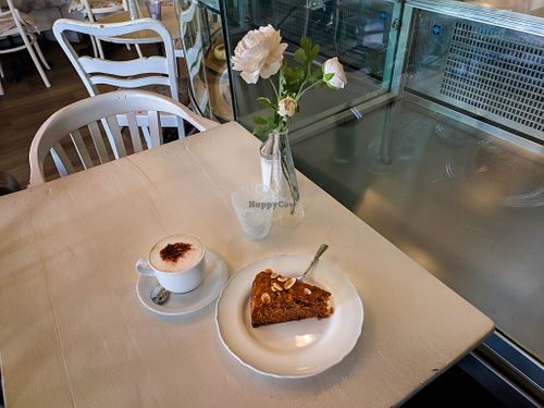 Housemade Vegan Carrot Cake and Cappuccino at Guglhupf Cafe at Guglhupf Cafe in Koblenz