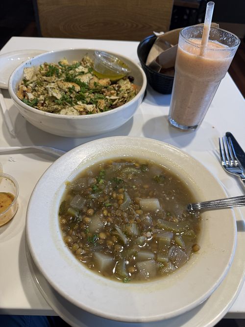Lentil soup, superfood salad, and a smoothie  at Aladdin's Eatery in Akron