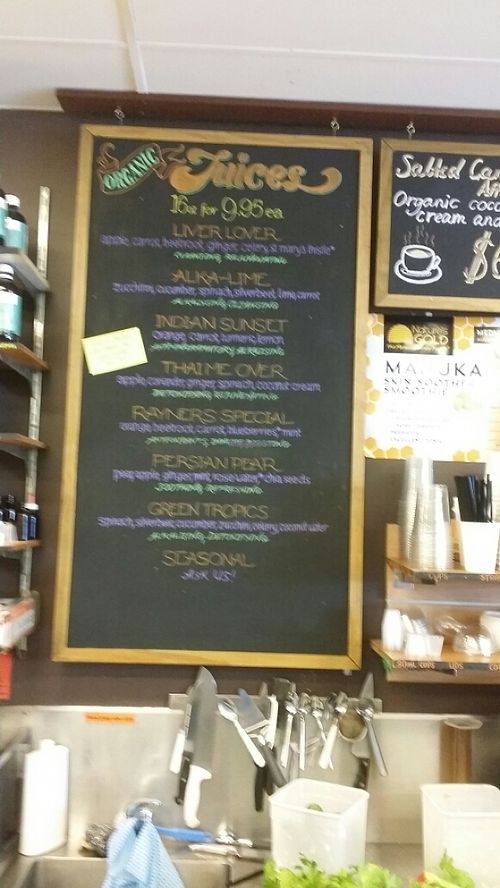 wall menu at Sun and Earth Organics in New Farm