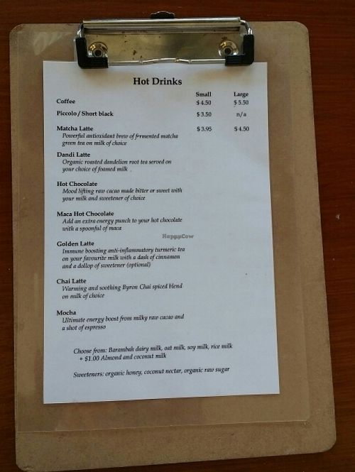 drinks menu at Sun and Earth Organics in New Farm
