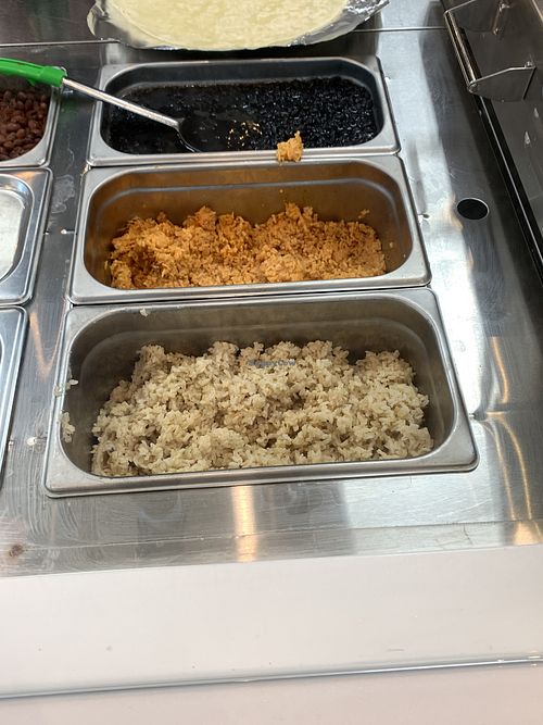 Black beans, red rice, and brown rice at Plantos in Riverside
