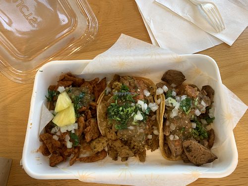 Al pastor, pollo asado, and carne asada tacos at Plantos in Riverside
