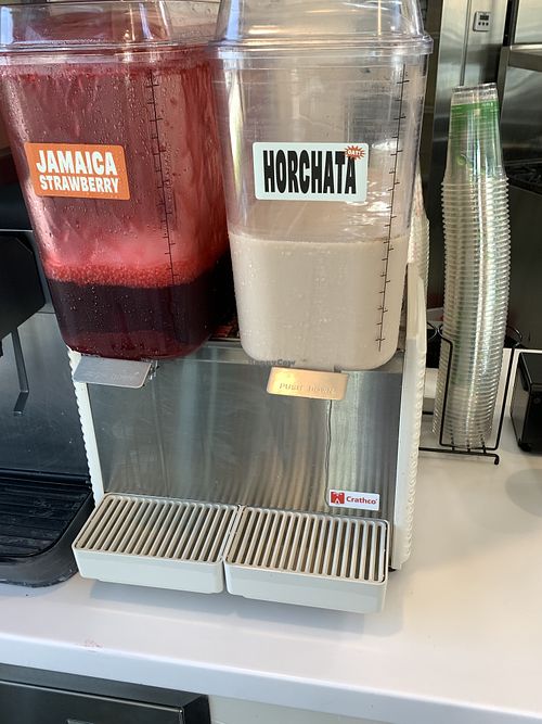 Jamaica strawberry and oat horchata drink station at Plantos in Riverside