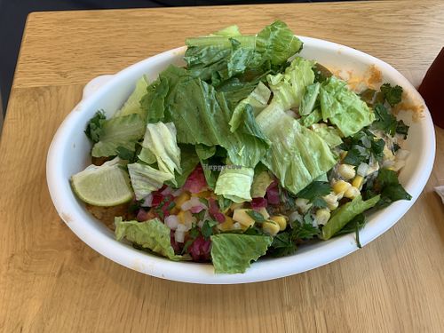 Bowl topped with vegan chicken  at Plantos in Riverside