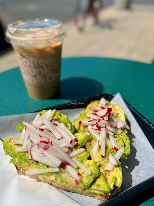 The Ain't Broke Avocado Toast minus the onions. I love the lemony oil and maldon salt flakes.  at Coffee Drunk in Long Beach