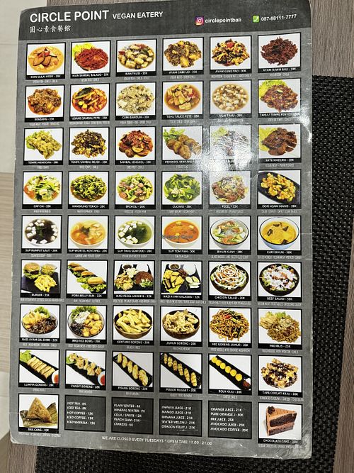 The menu  at Circle Point Vegan Eatery in Jimbaran