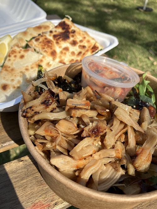 Jackfruit bibimbap and spinach-tomato gözleme  at City Farmers Markets in Brisbane